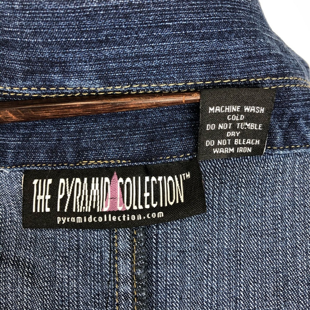 The Pyramid Collection Two-Tone Blue Denim Peplum Jacket with Ruffle Collar - Picture 8 of 9